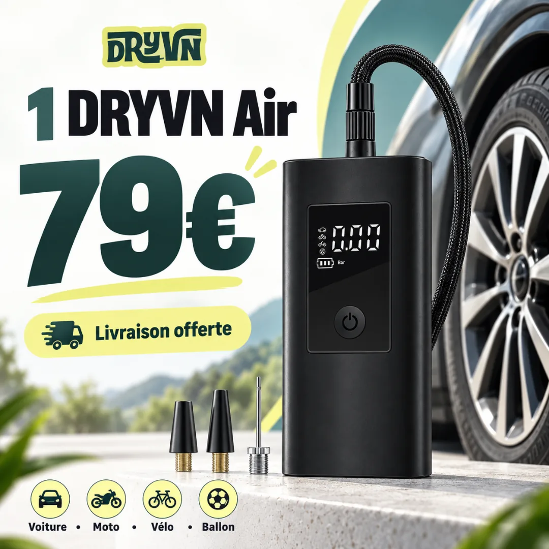 1 DRYVN Air · 79 €. Livraison offerte. One inflator with its tips in front of a car wheel, price 79 euros.