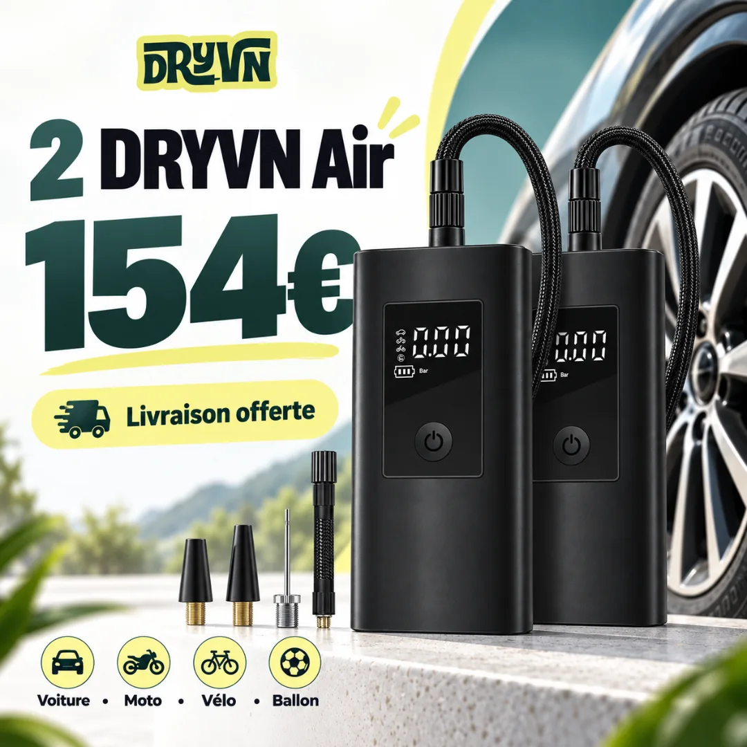 2 DRYVN Air · 154 €. Livraison offerte. Two inflators in front of a car wheel, price 154 euros.