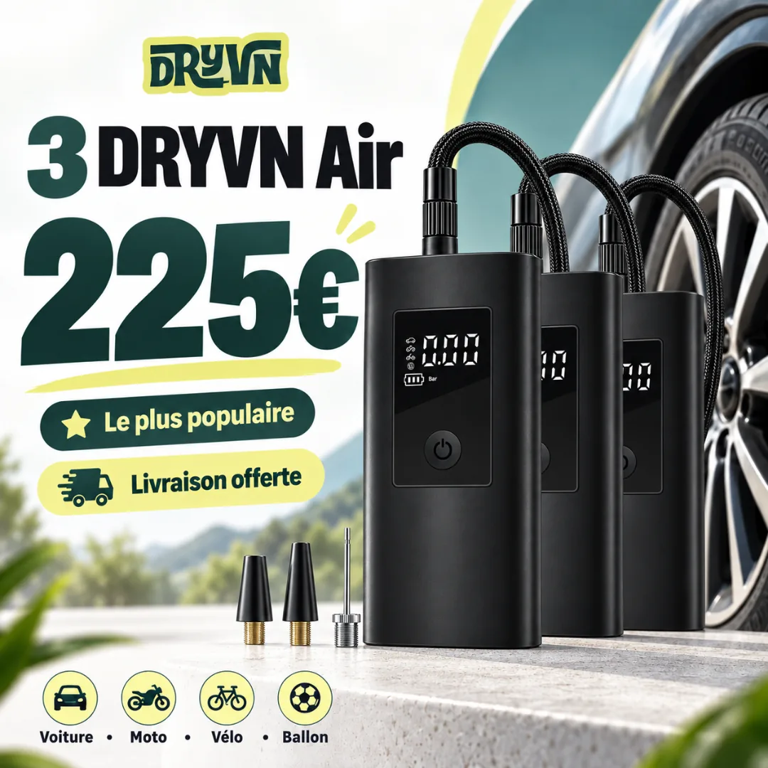 3 DRYVN Air · 225 €. Le plus populaire. Livraison offerte. Three inflators in front of a car wheel, price 225 euros.