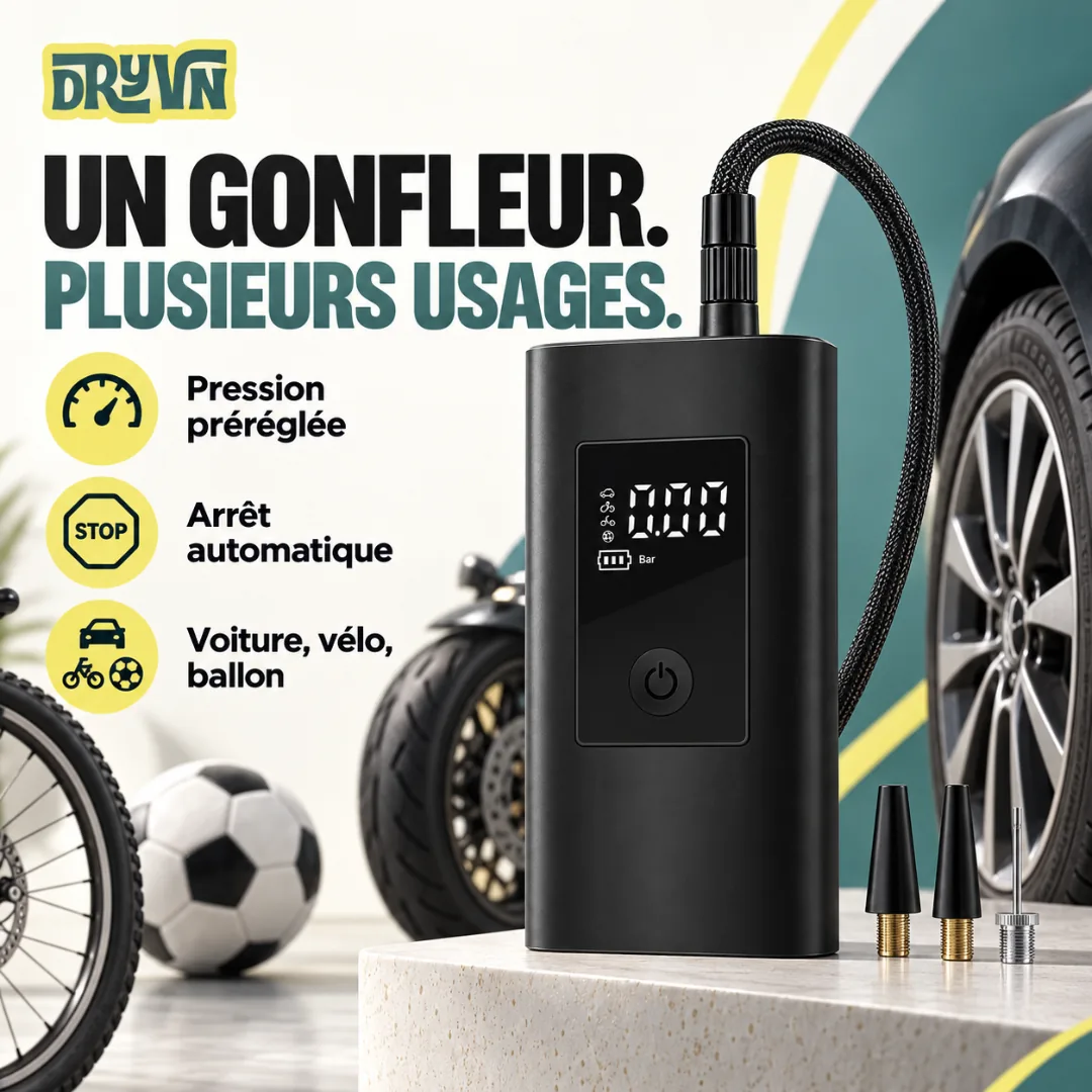 Un gonfleur. Plusieurs usages. Pression préréglée. Arrêt automatique. Voiture, vélo, ballon. The inflator on a stand beside a car, a motorbike, a bicycle and a football.