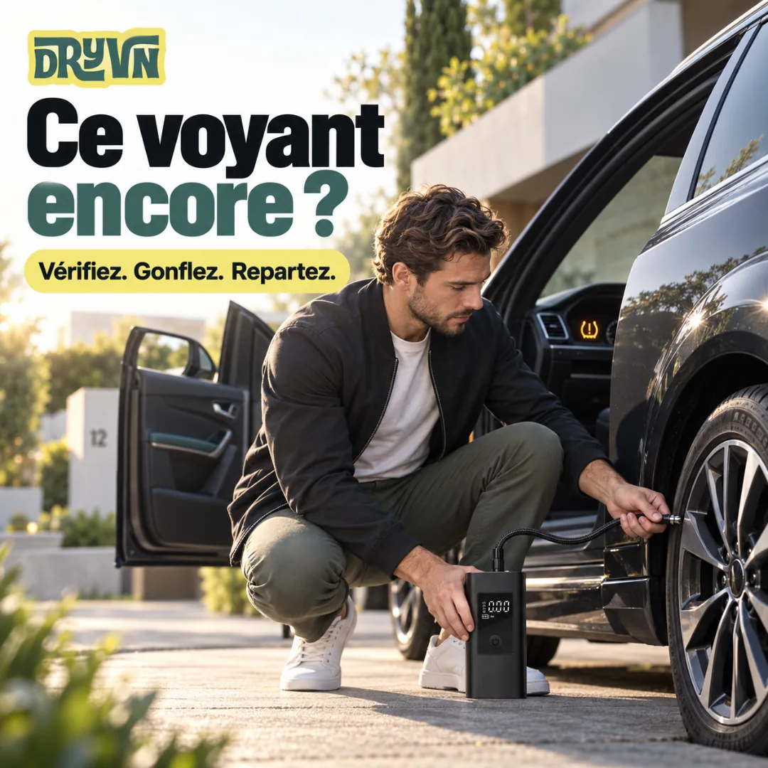 Ce voyant encore ? Vérifiez. Gonflez. Repartez. A man crouches by his car's front wheel, inflating the tyre with the DRYVN inflator.