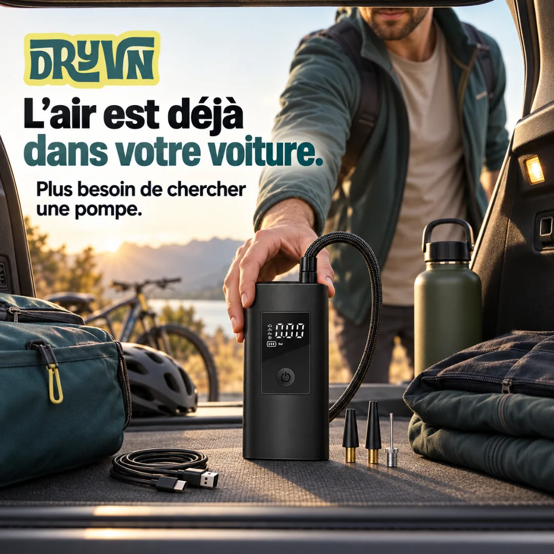L'air est déjà dans votre voiture. Plus besoin de chercher une pompe. A man takes the inflator from the boot of his car, next to a sports bag and a bike.