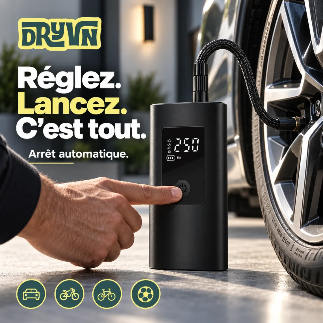 Réglez. Lancez. C'est tout. Arrêt automatique. A finger presses the inflator's button, its hose connected to a car tyre.