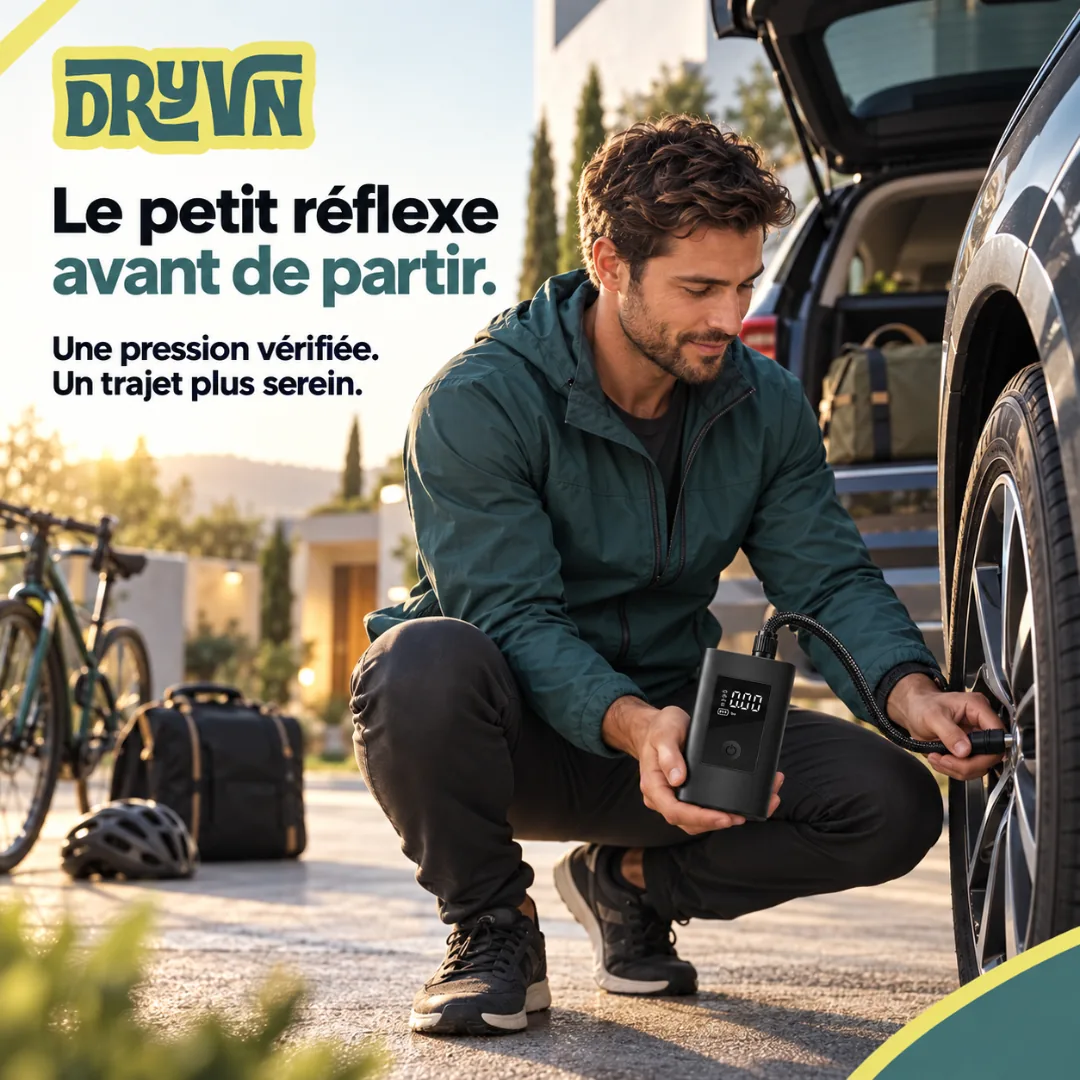 Le petit réflexe avant de partir. Une pression vérifiée. Un trajet plus serein. A man checks a tyre with the inflator before a trip, a bike and bags behind him.