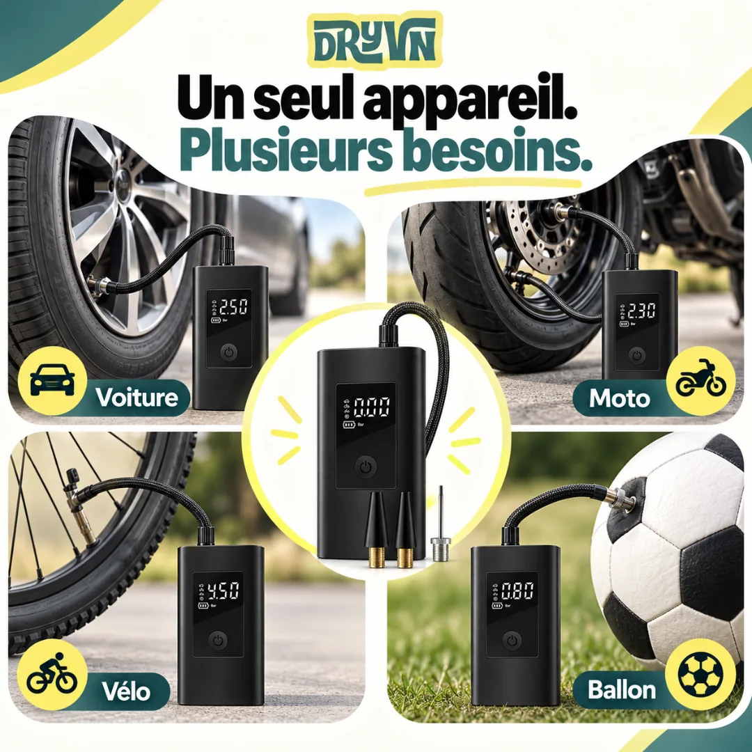Un seul appareil. Plusieurs besoins. Voiture · Moto · Vélo · Ballon. Four panels show the inflator on a car, a motorbike, a bicycle and a football.