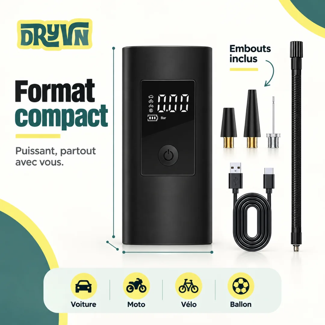 Format compact. Puissant, partout avec vous. Embouts inclus. The inflator with its nozzles and charging cable on a light background.